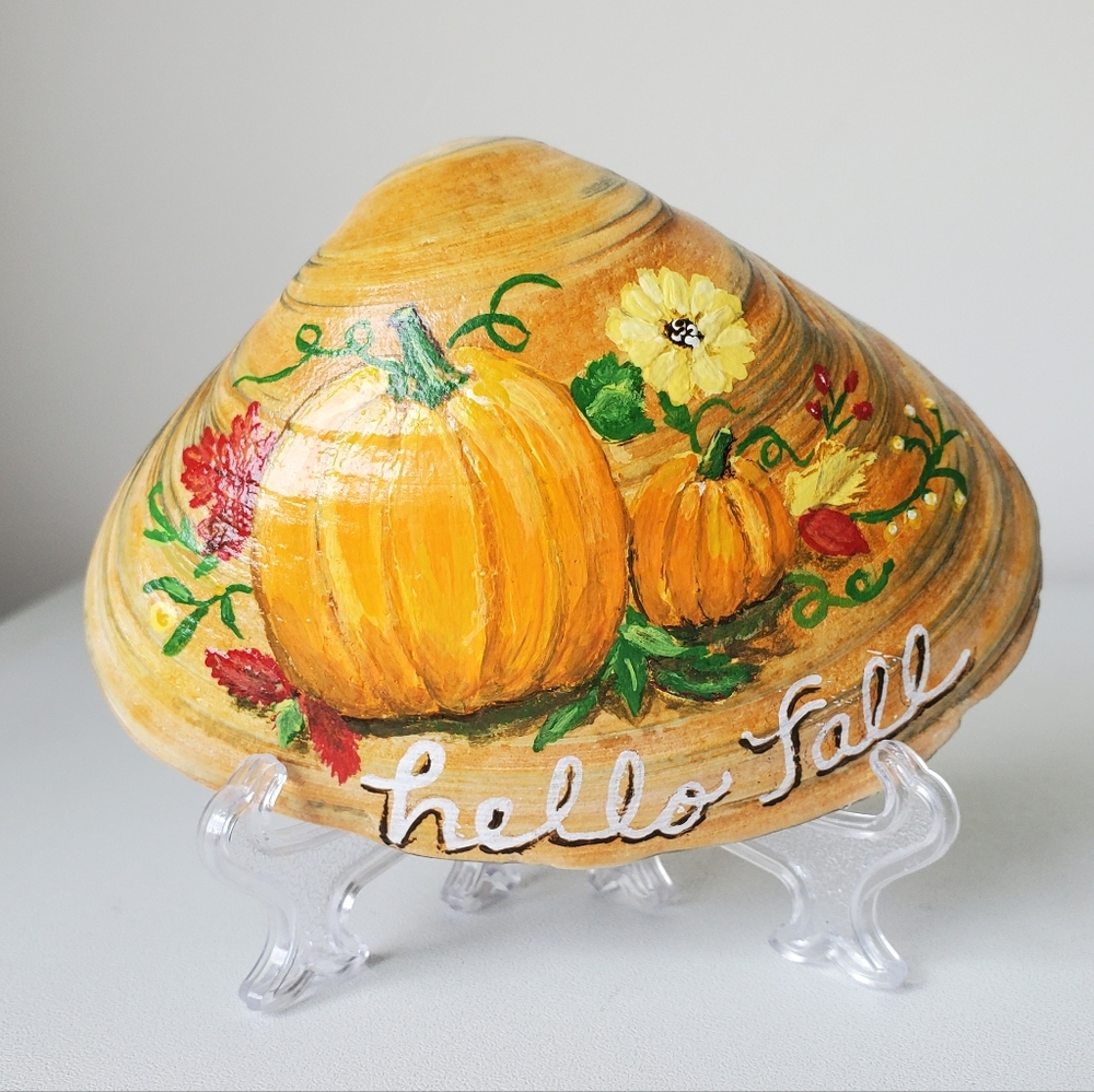 Original Hello Fall Pumpkins & Flowers Hand-Painted Farmhouse 3.75" Seashell